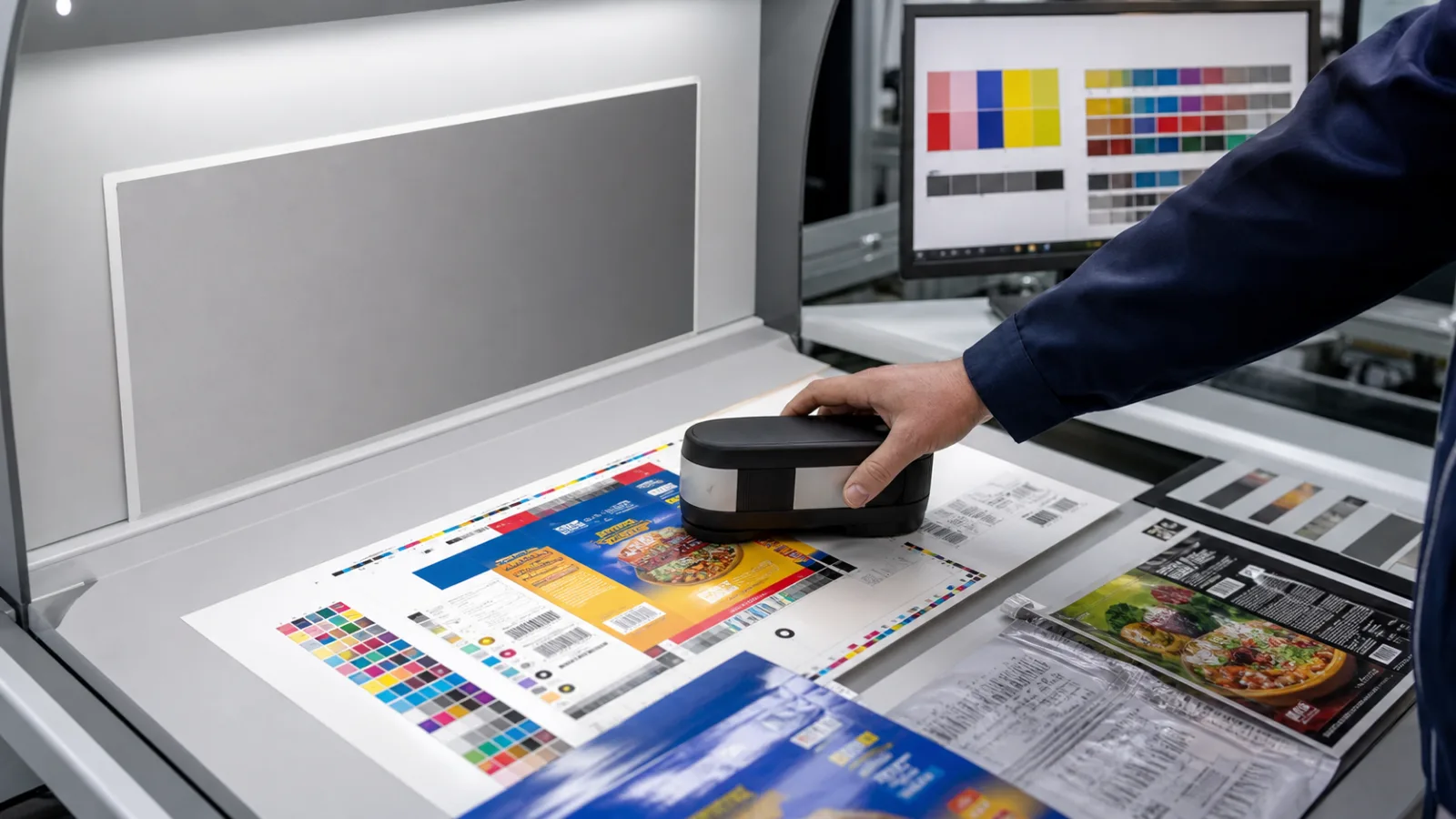 Spectrophotometer measuring colour patches on printed carton and flexible packaging proofs