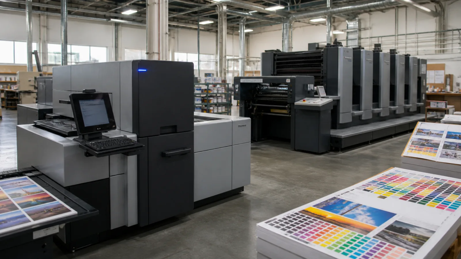 Production digital press and sheetfed offset press working on the same commercial print floor