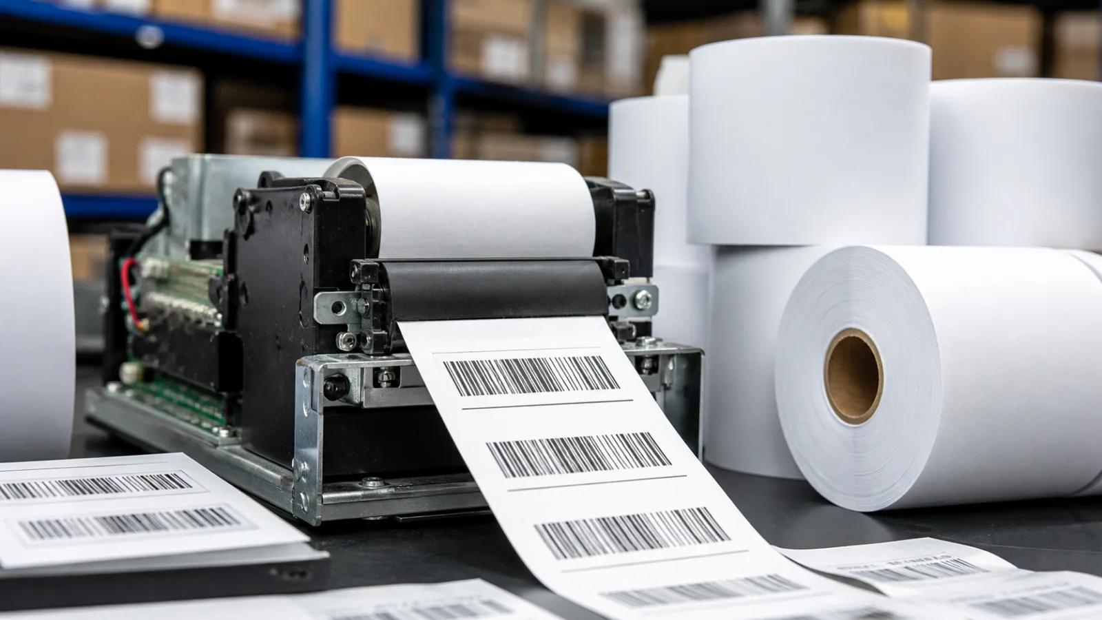 Direct thermal receipt and barcode label rolls beside a compact thermal print mechanism