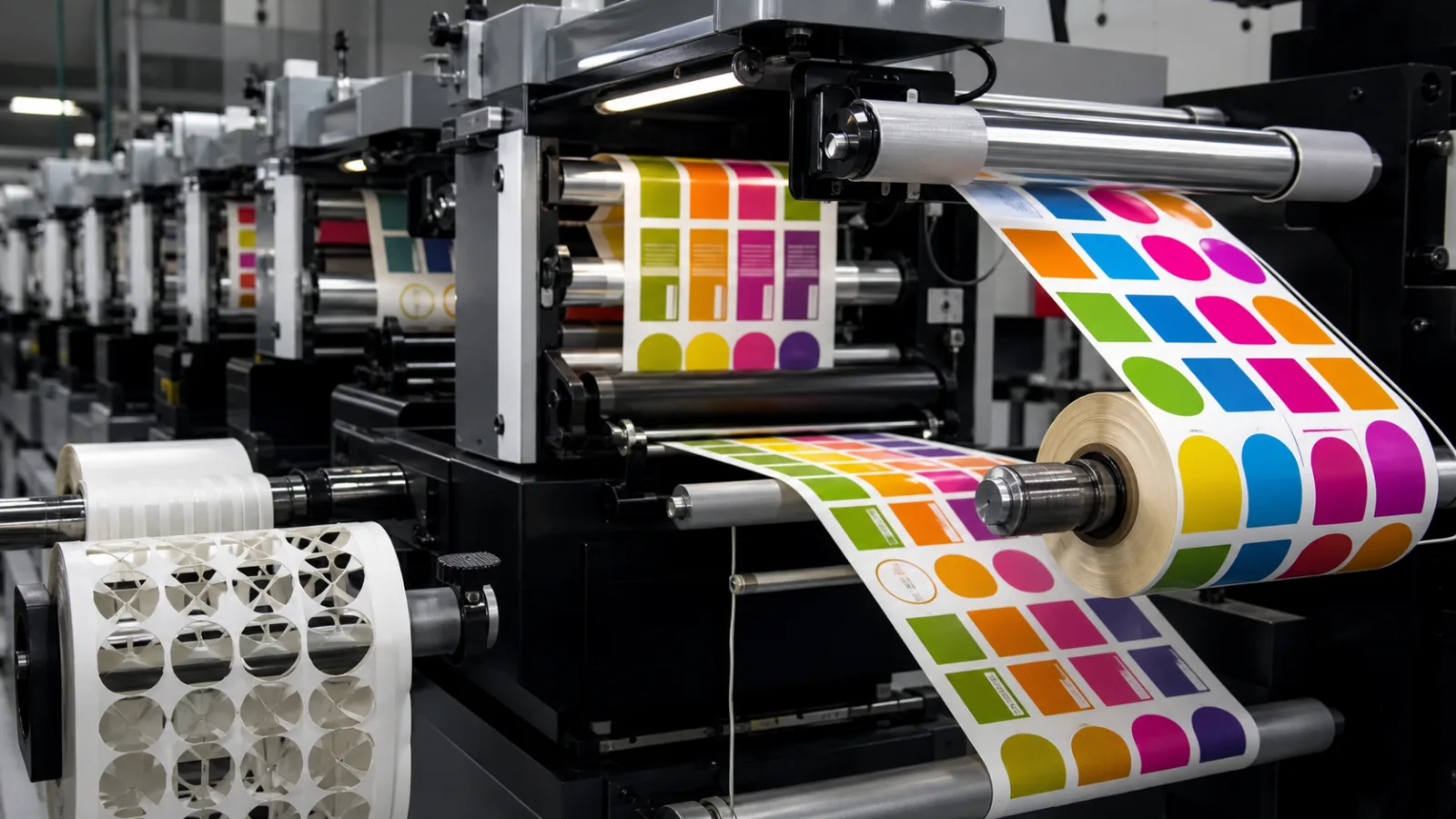 Colour pressure-sensitive labels passing through a narrow-web converting press