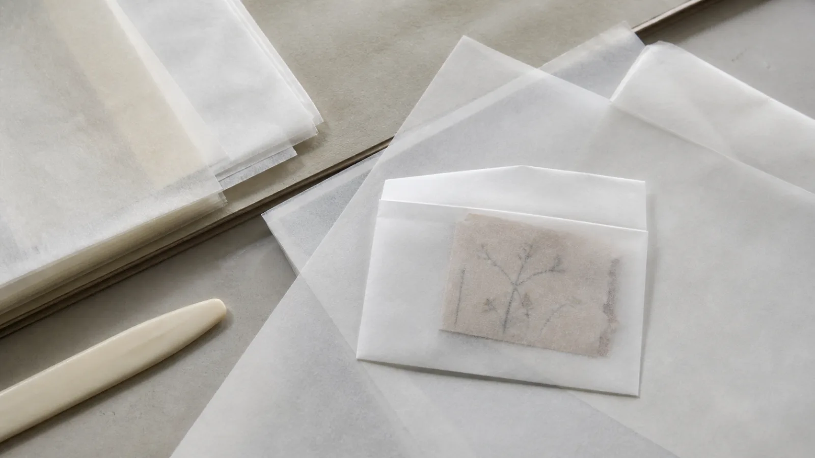 Overlapping translucent glassine sheets and a glassine envelope on a conservation table